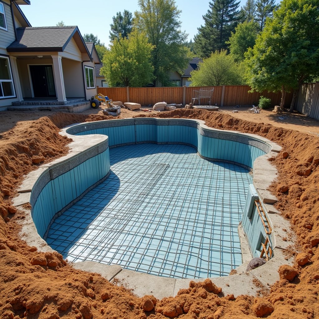 Pool foundation stage with steel reinforcement and excavated earth