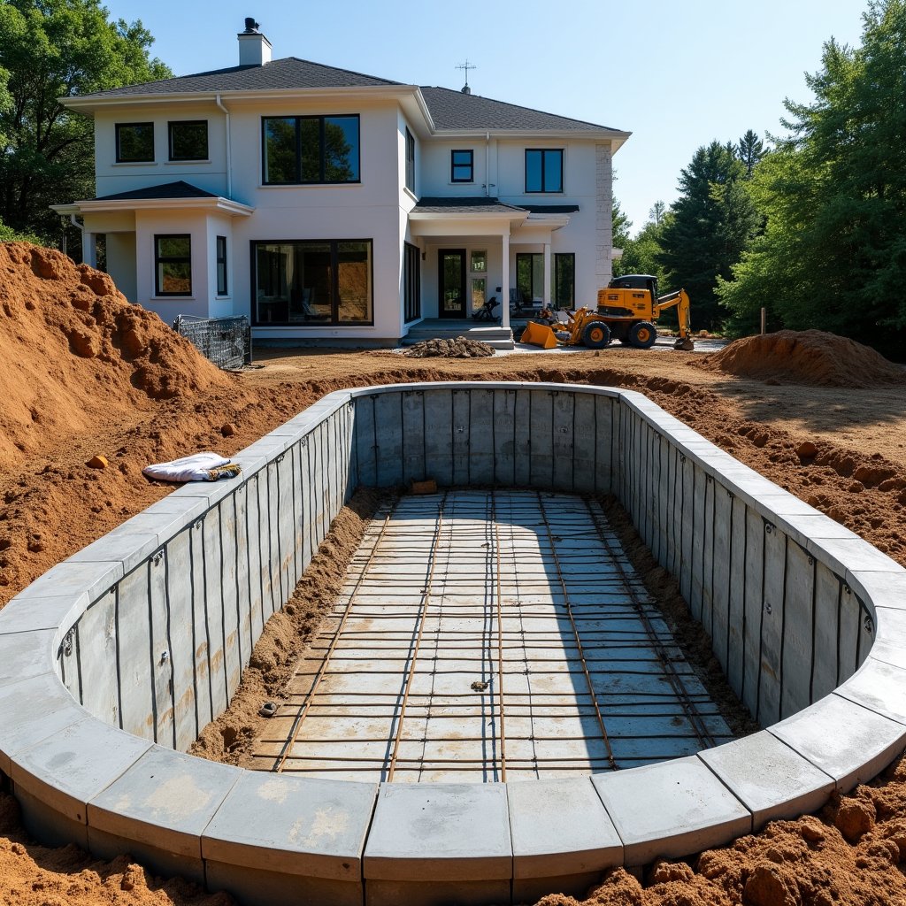 Wide-angle view of backyard pool project in early construction phase