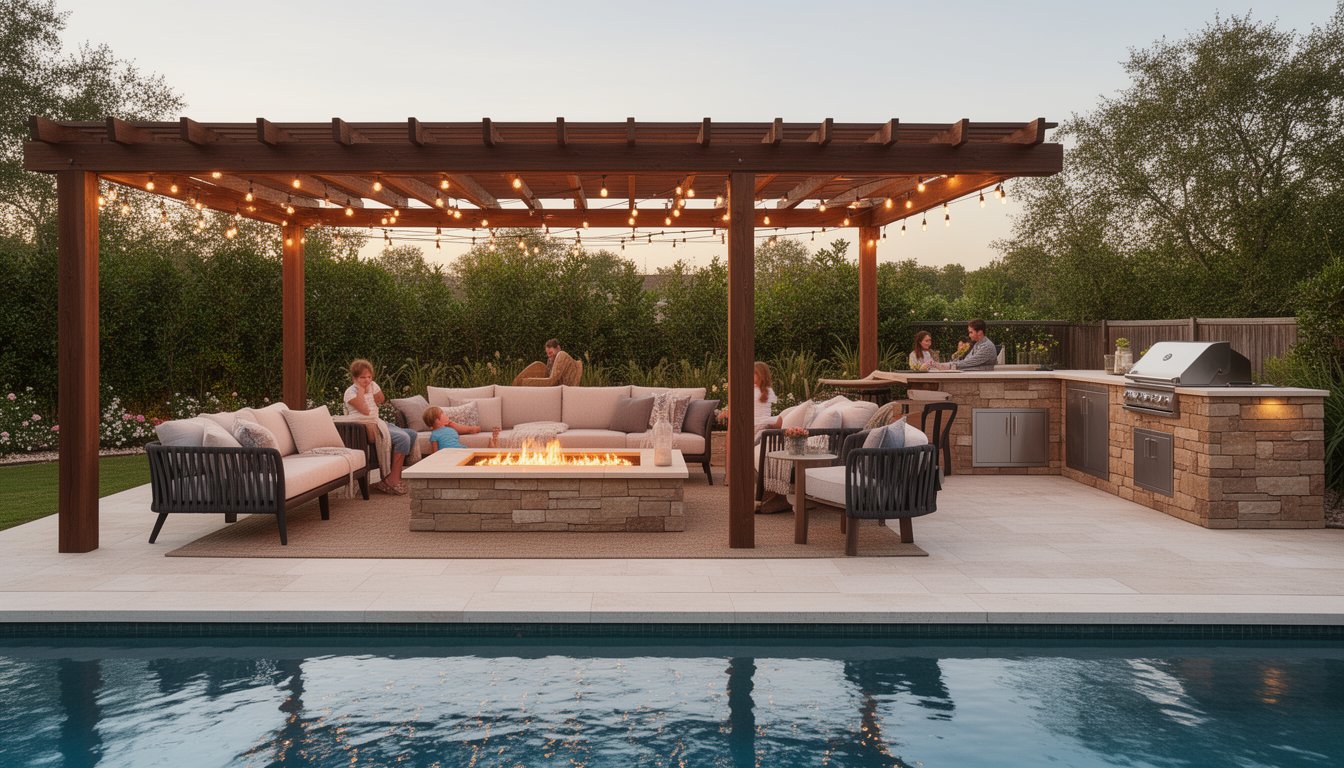 Backyard poolside entertainment space featuring pergola, string lights, cozy seating, and built-in outdoor kitchen.