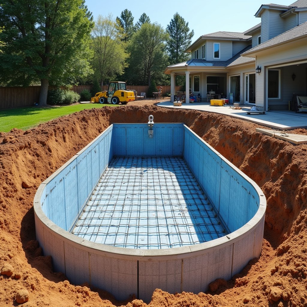 Steel rebar grid outlining custom pool shape in suburban yard