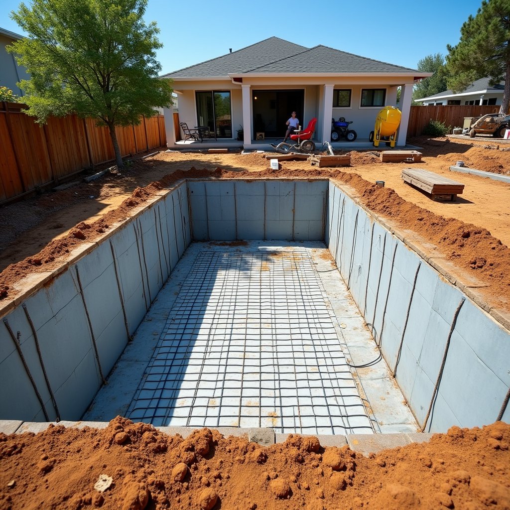 Custom in-ground pool construction before concrete application