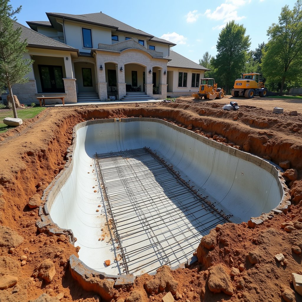 Custom pool project showing excavation and steel reinforcement
