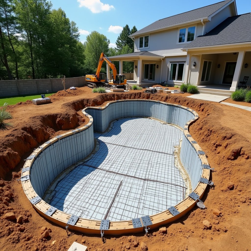 Backyard swimming pool under construction with visible rebar framework