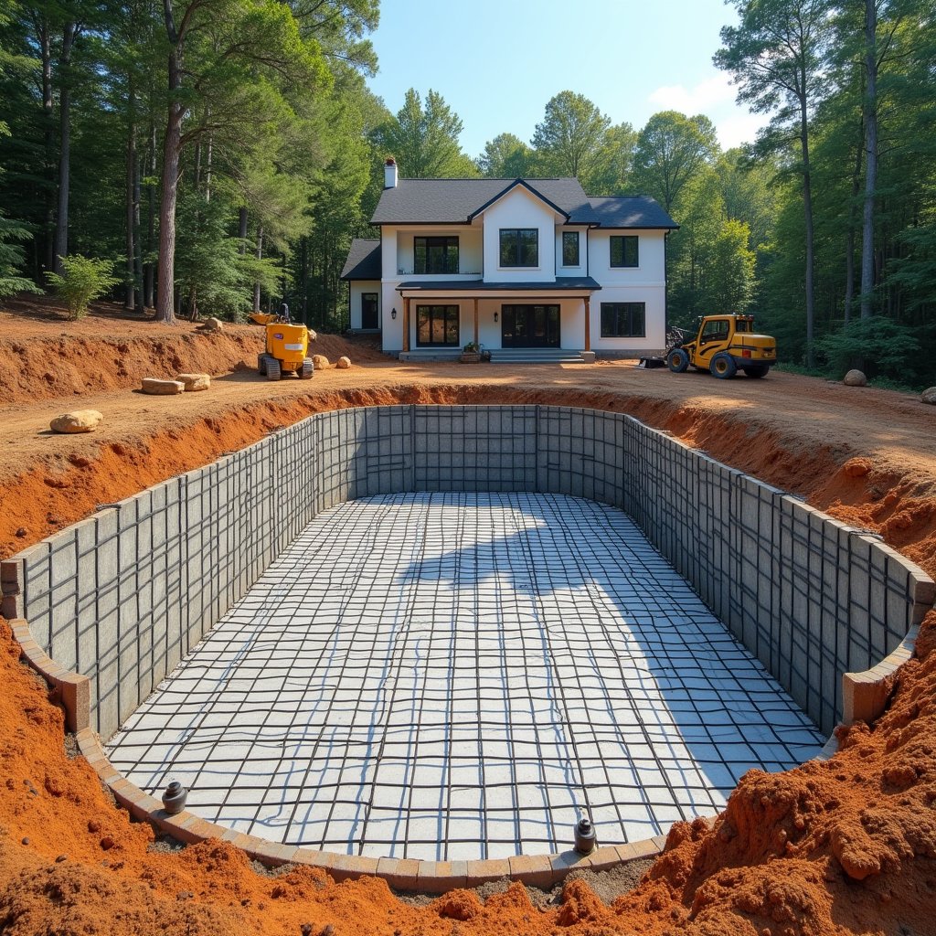 Residential pool construction site with rebar grid and fresh soil