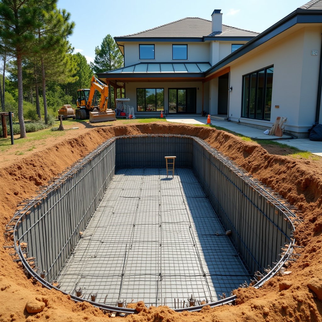 Residential swimming pool excavation with structured rebar layout