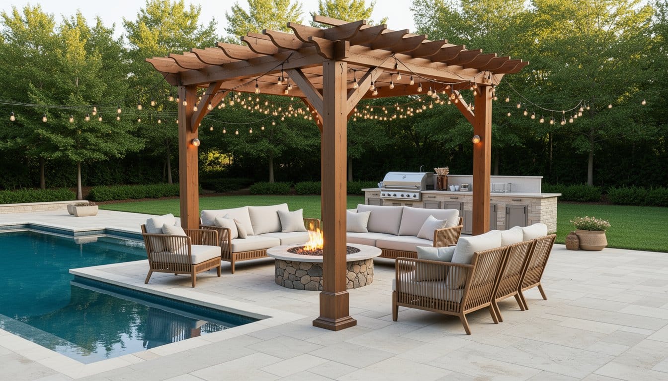 Stylish outdoor living area beside a backyard pool with pergola, fire pit, seating, and outdoor kitchen.Stylish outdoor living area beside a backyard pool with pergola, fire pit, seating, and outdoor kitchen.