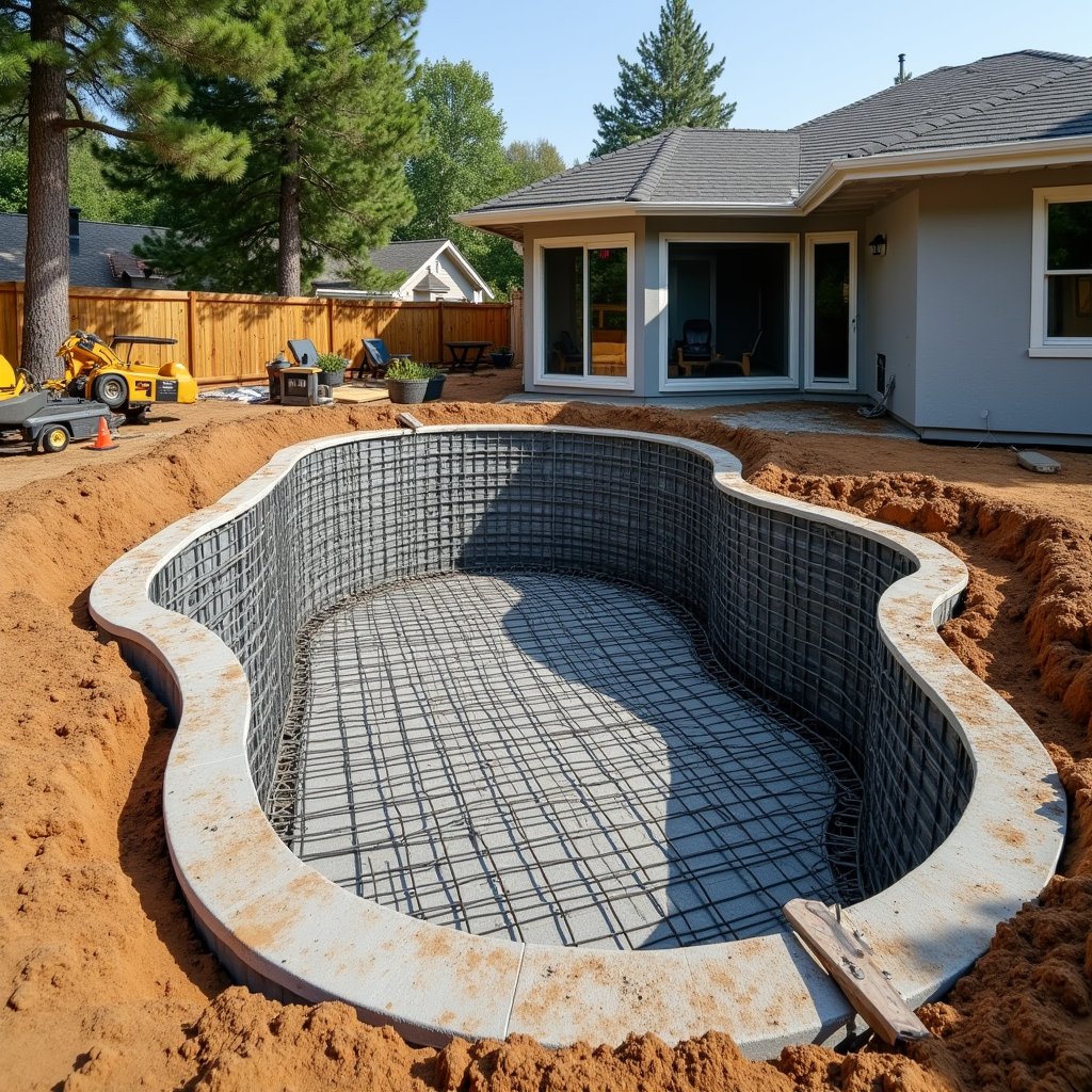 Early-stage pool construction with rebar and prepared foundation