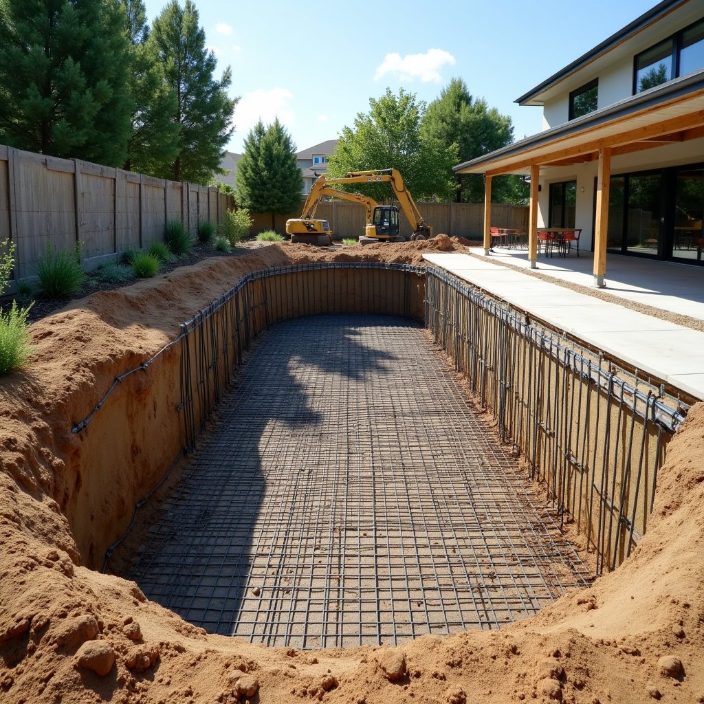 New in-ground pool build showing reinforced steel framework