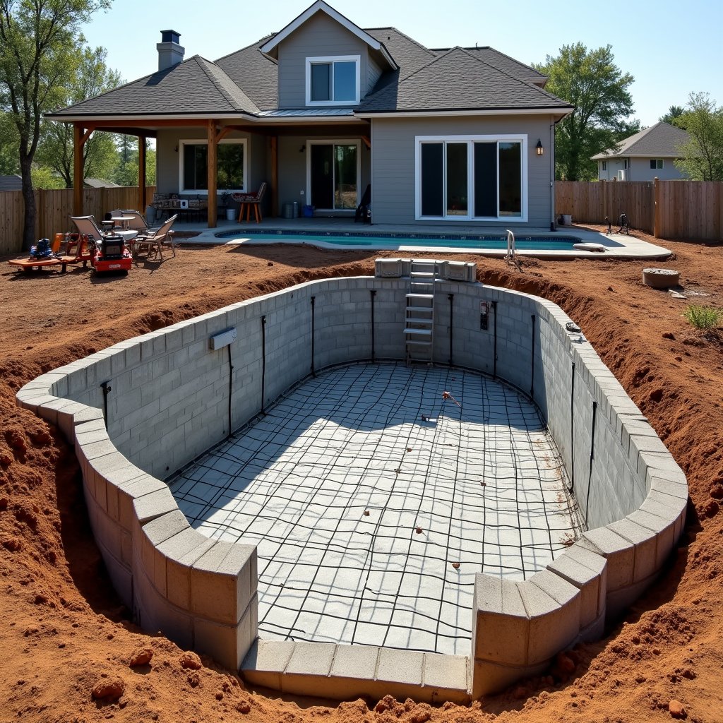 Partially completed in-ground pool with exposed steel rebar in residential backyard