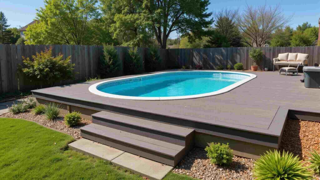 Semi-inground fiberglass pool design.