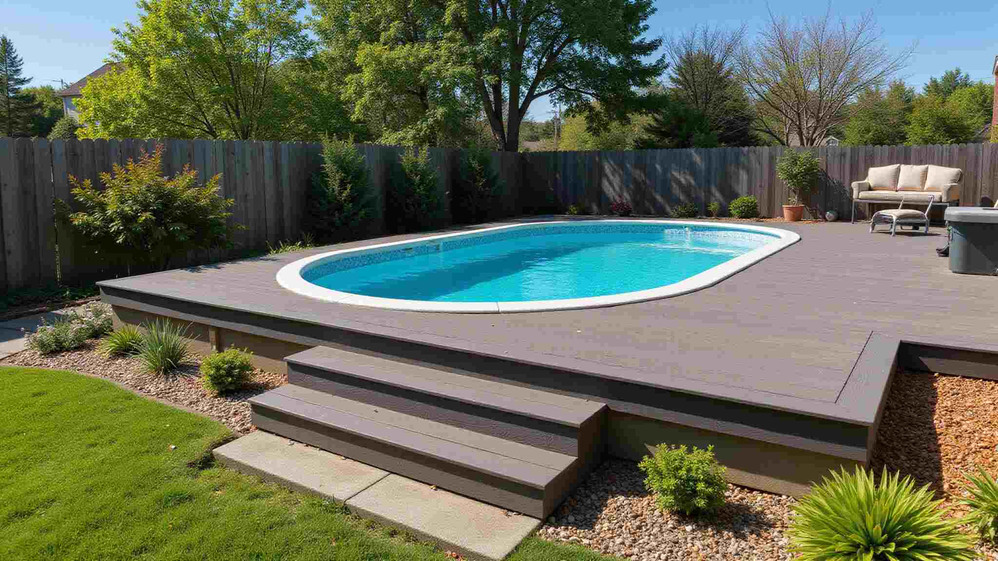 Semi-inground fiberglass pool design.