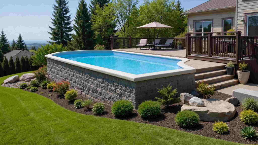 Semi-inground fiberglass pool structure.